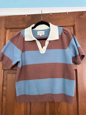 Lucky Brand Blue, Brown & Cream Striped Polo